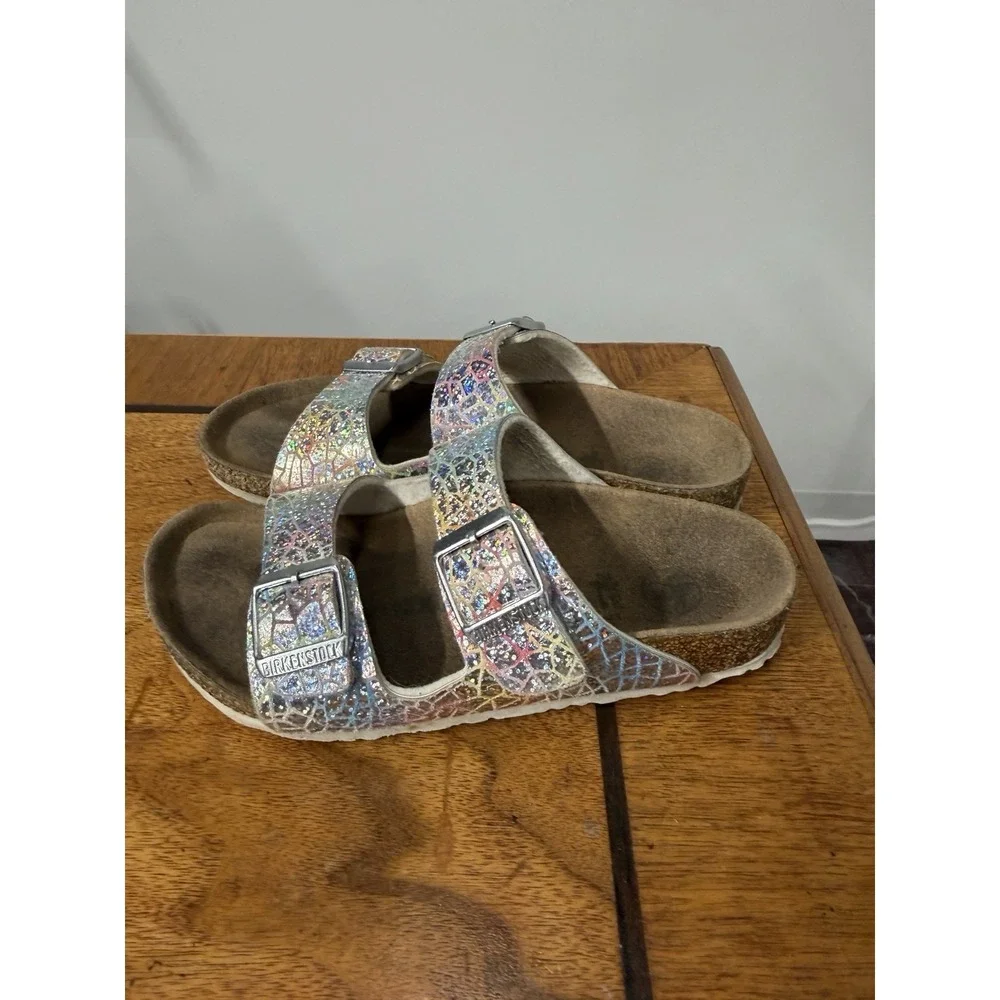 Birkenstock Arizona Sandals girls 31 Metallic Silver Slide Mermaid Shoes Shimmer